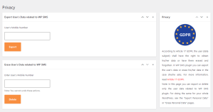 Privacy page of WP SMS which includes GDPR compliance