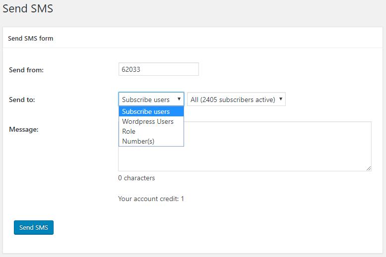 wordpress send sms message