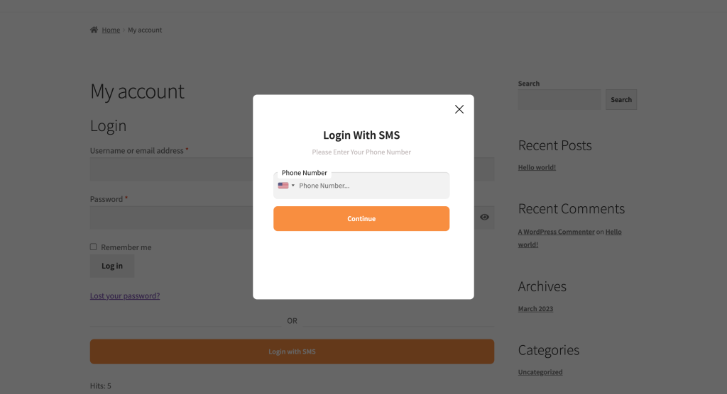 Login with SMS in WooCommerce