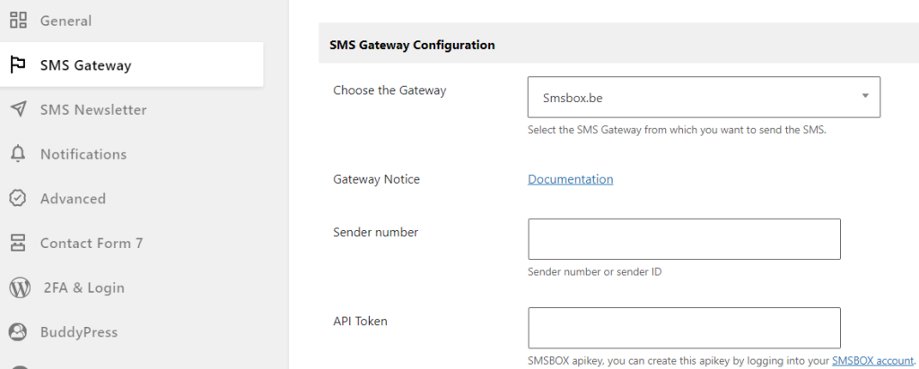 SMSBox configuration page
