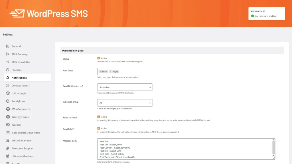 WP SMS plugin SMS notification