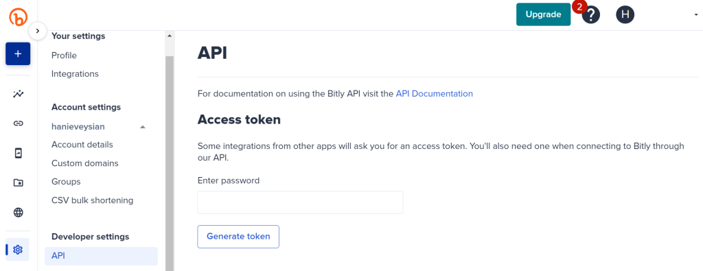 Bitly setting API page 