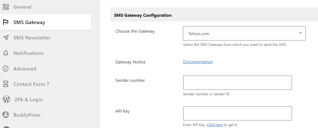 Telnyx gateway configuration page
