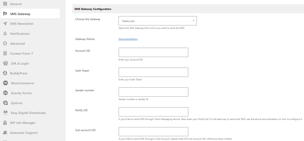 Twilio gateway configuration page