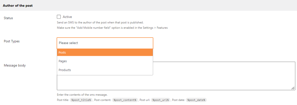how to send SMS to the author of the post in WP SMS