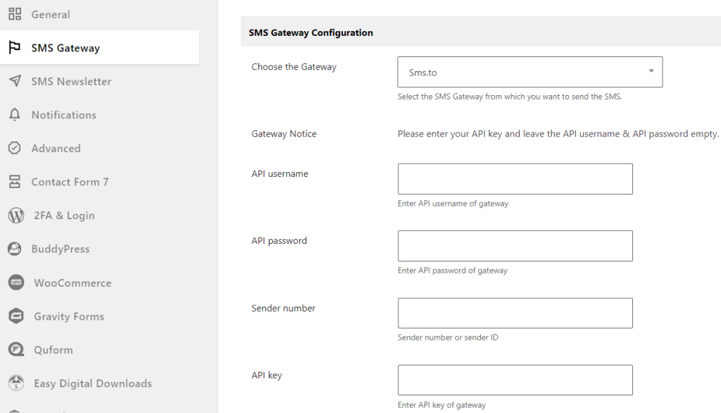 sms.to gateway configuration page
