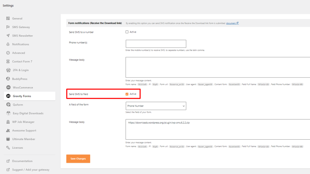 Send Download Link for Gravity Forms using WP SMS