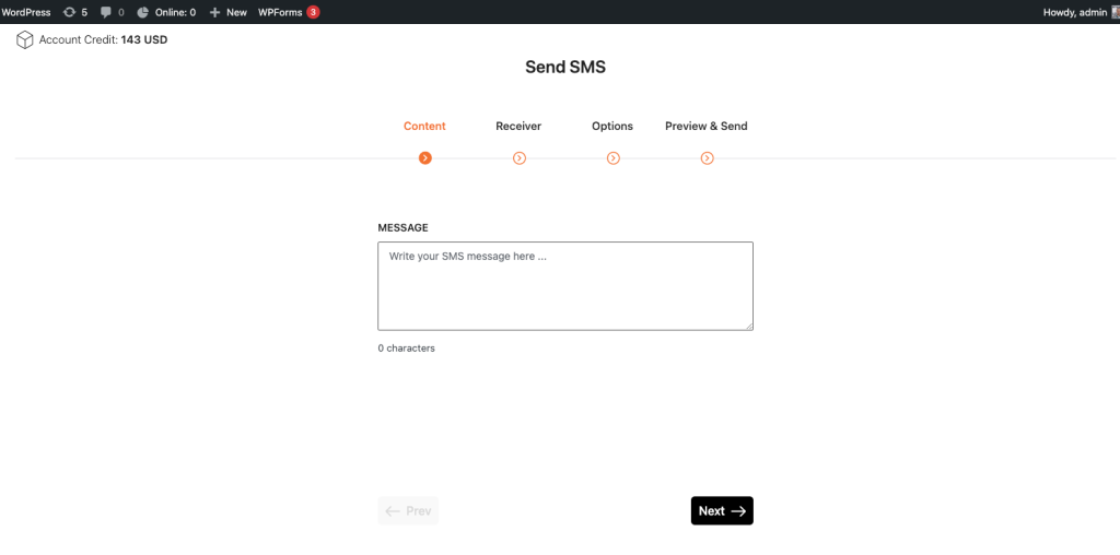 WP SMS Send SMS page