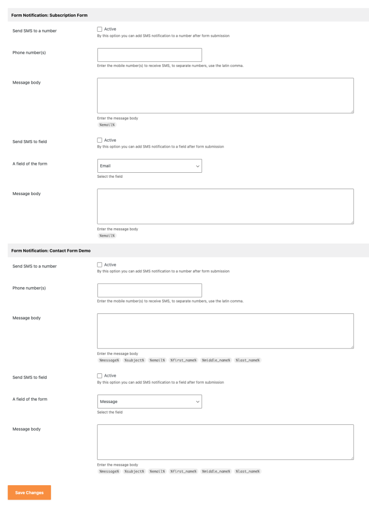 WP SMS Fluent integrations add-on Fluent Forms integration