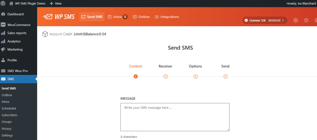 WP SMS Sending Message Dashboard