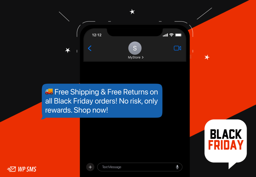 Black Friday text message template that offers free shipping and returns